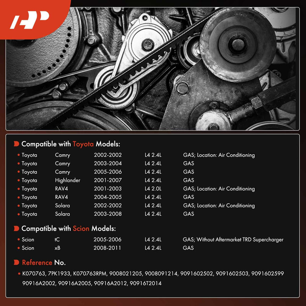 A-Premium belt label shows model compatibility for Toyota and Scion vehicles.