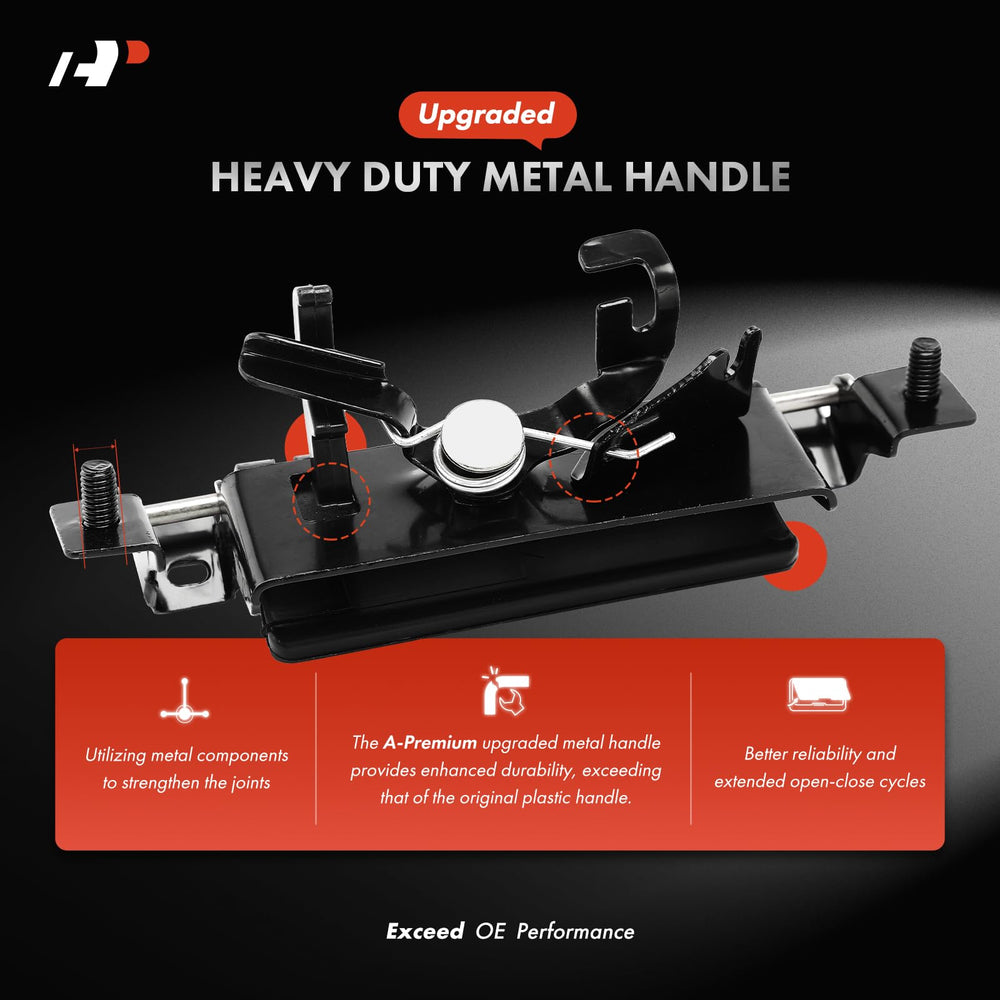 A-Premium tailgate handle close-up material emphasizes all-metal build.