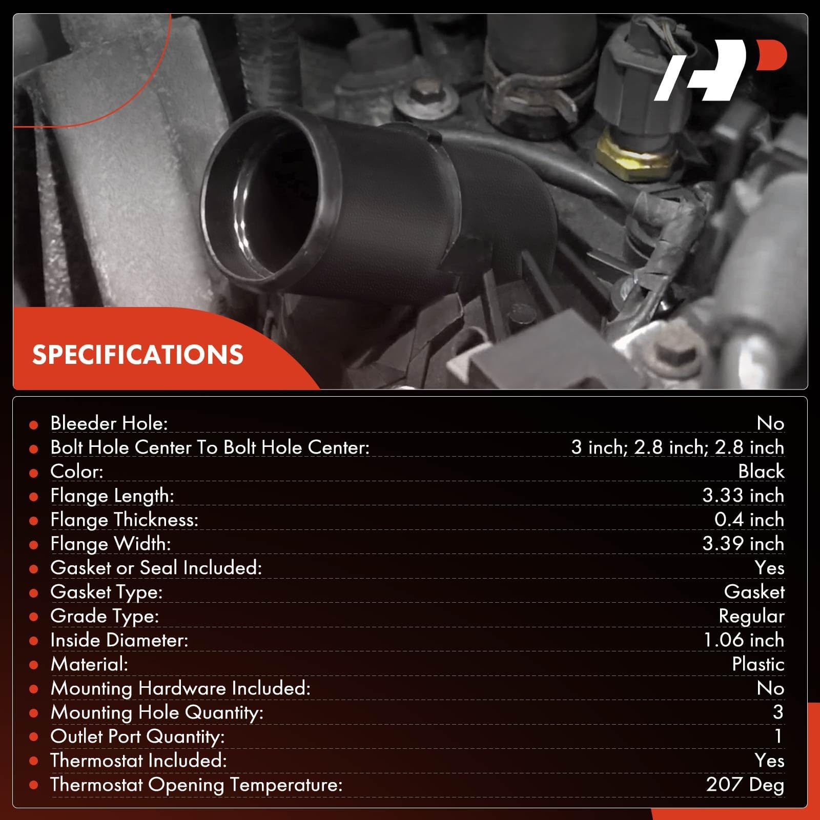 A-Premium thermostat housing, front view showing fit for 8-cylinder GM engines.