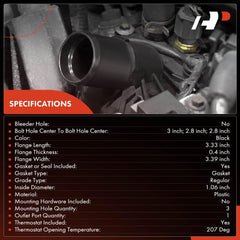 A-Premium thermostat housing, front view showing fit for 8-cylinder GM engines.