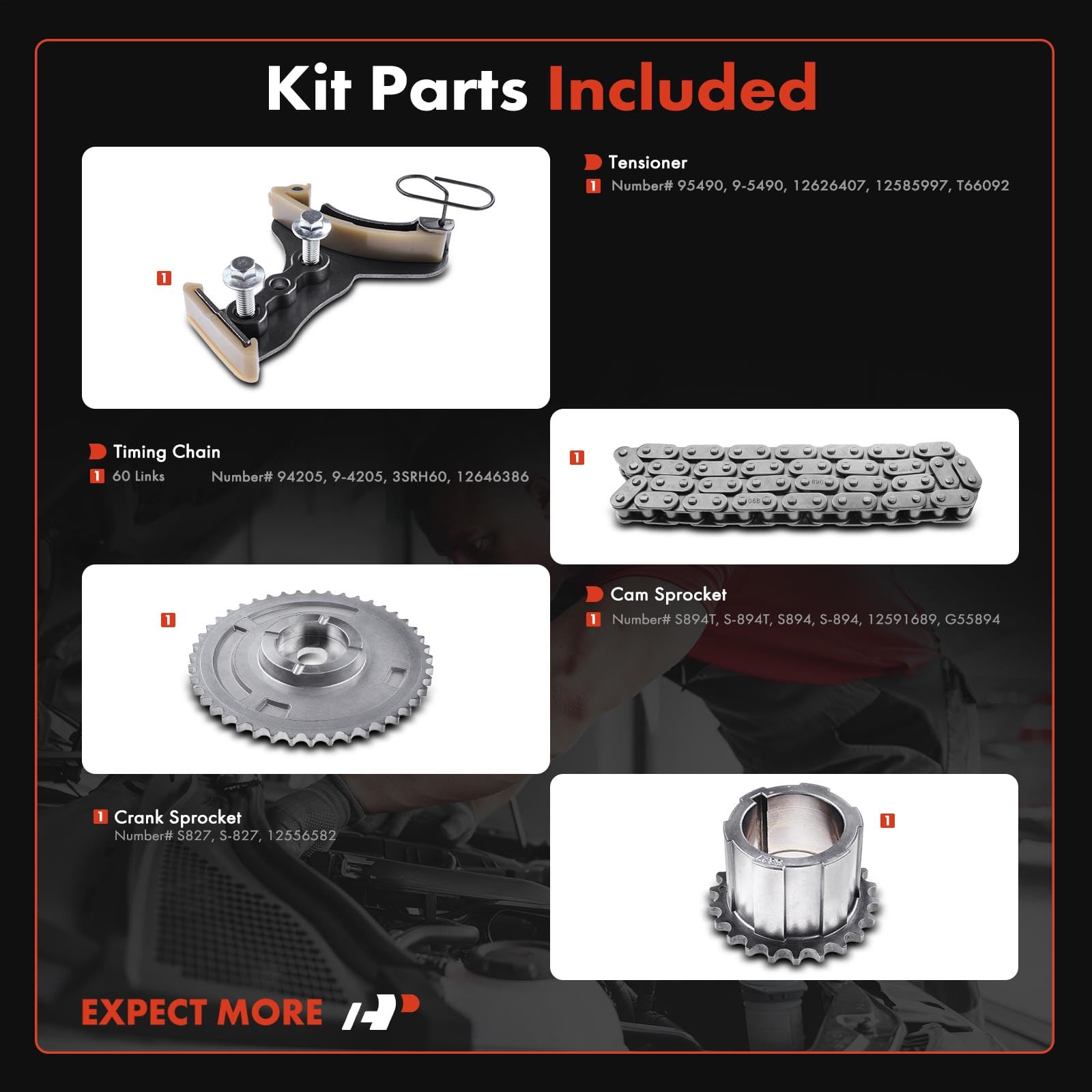 A-Premium timing chain kit contents laid out for GM engines