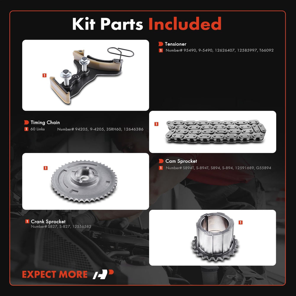 A-Premium timing chain kit contents laid out for GM engines
