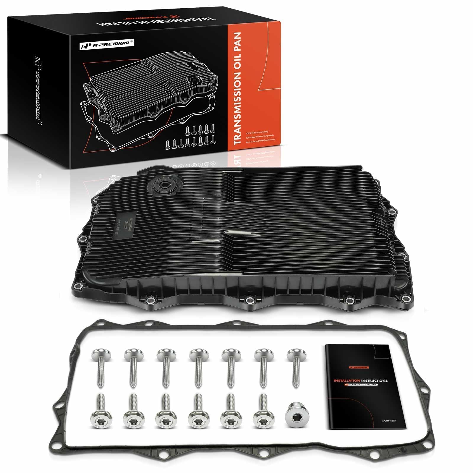 A-Premium transmission oil pan front view highlights robust build for 8-speed automatics