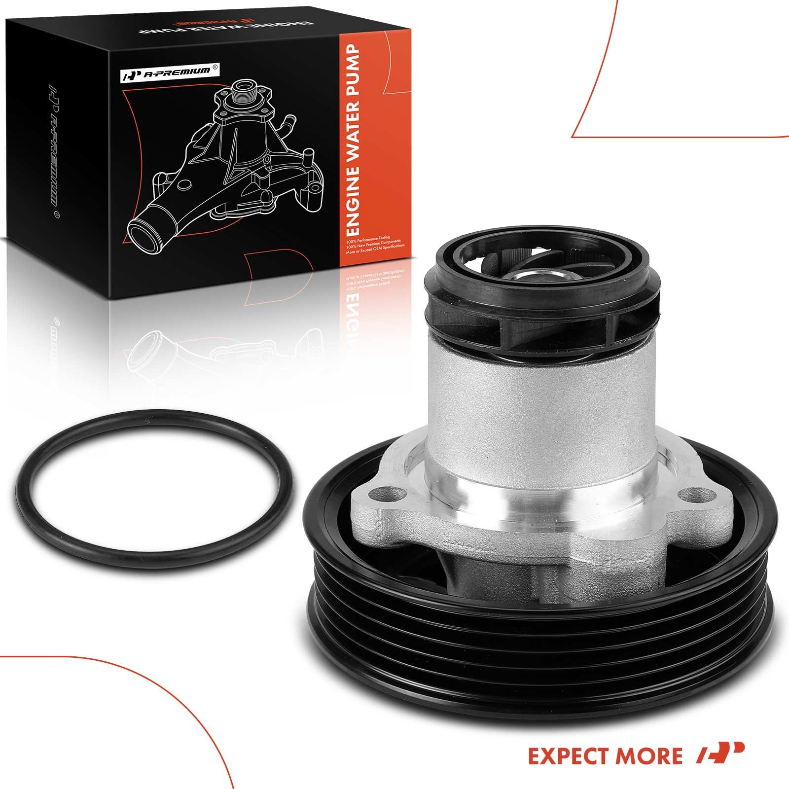 A-Premium water pump packaging with included bolts and hardware