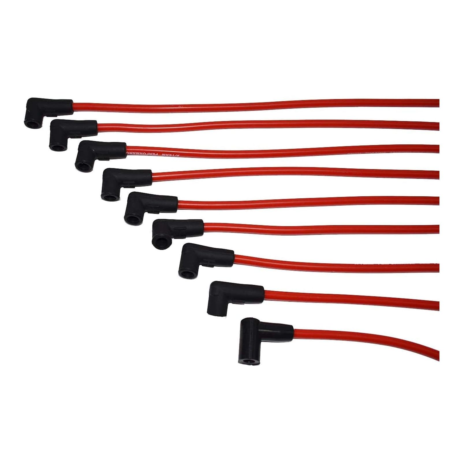8mm red spark plug wires installed on a modern V8 engine setup.
