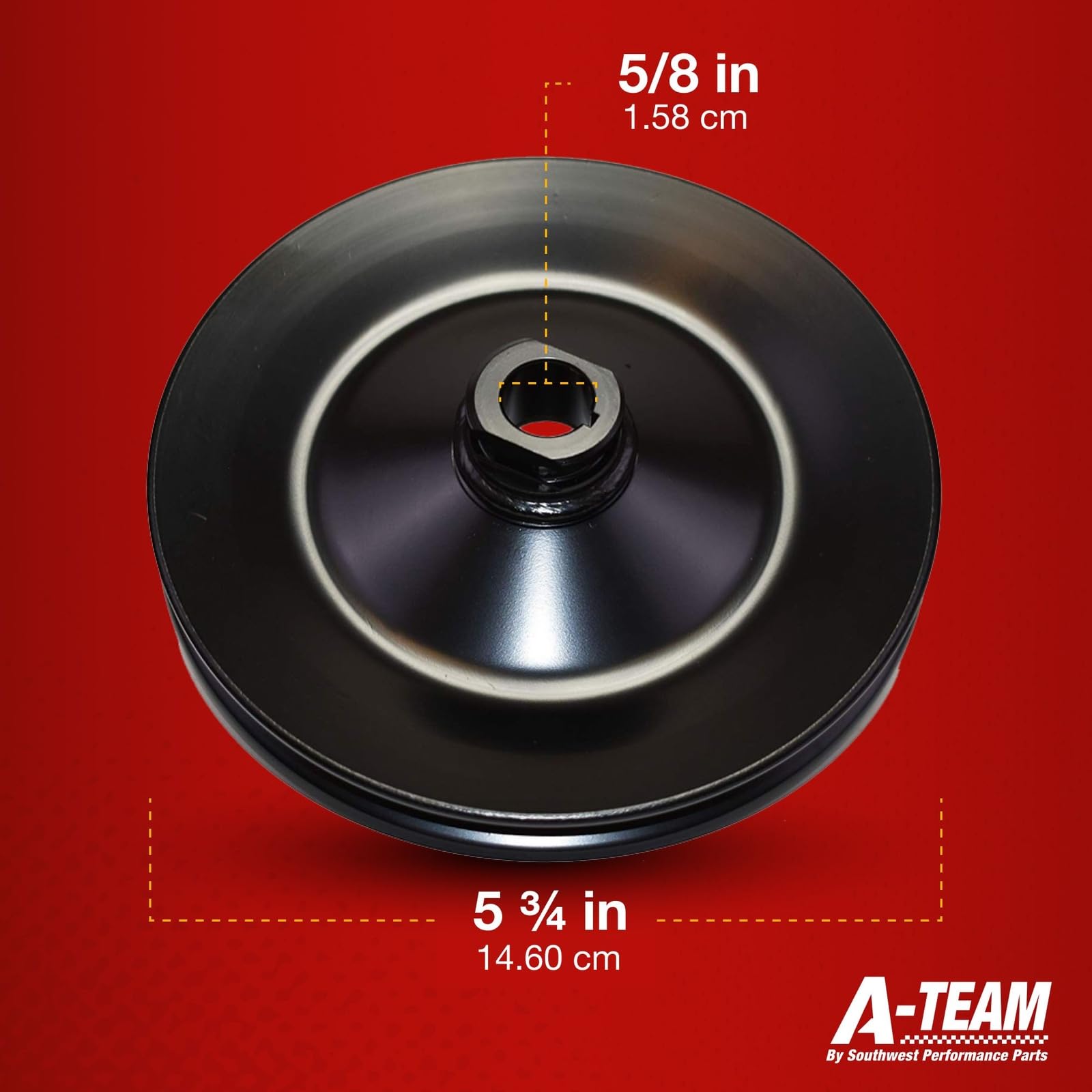 A-Team Performance steel keyway pulley, side view, durable single groove for easy fit.