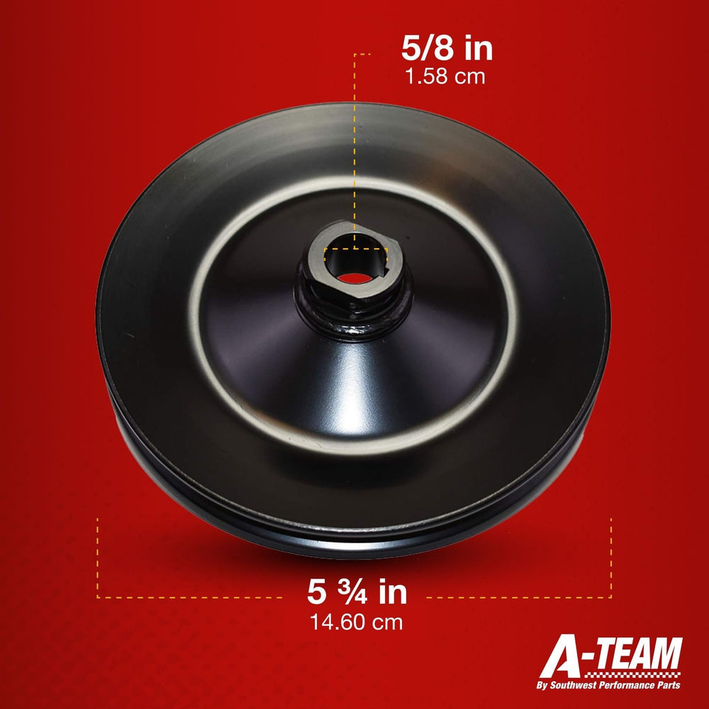 A-Team Performance steel keyway pulley, side view, durable single groove for easy fit.