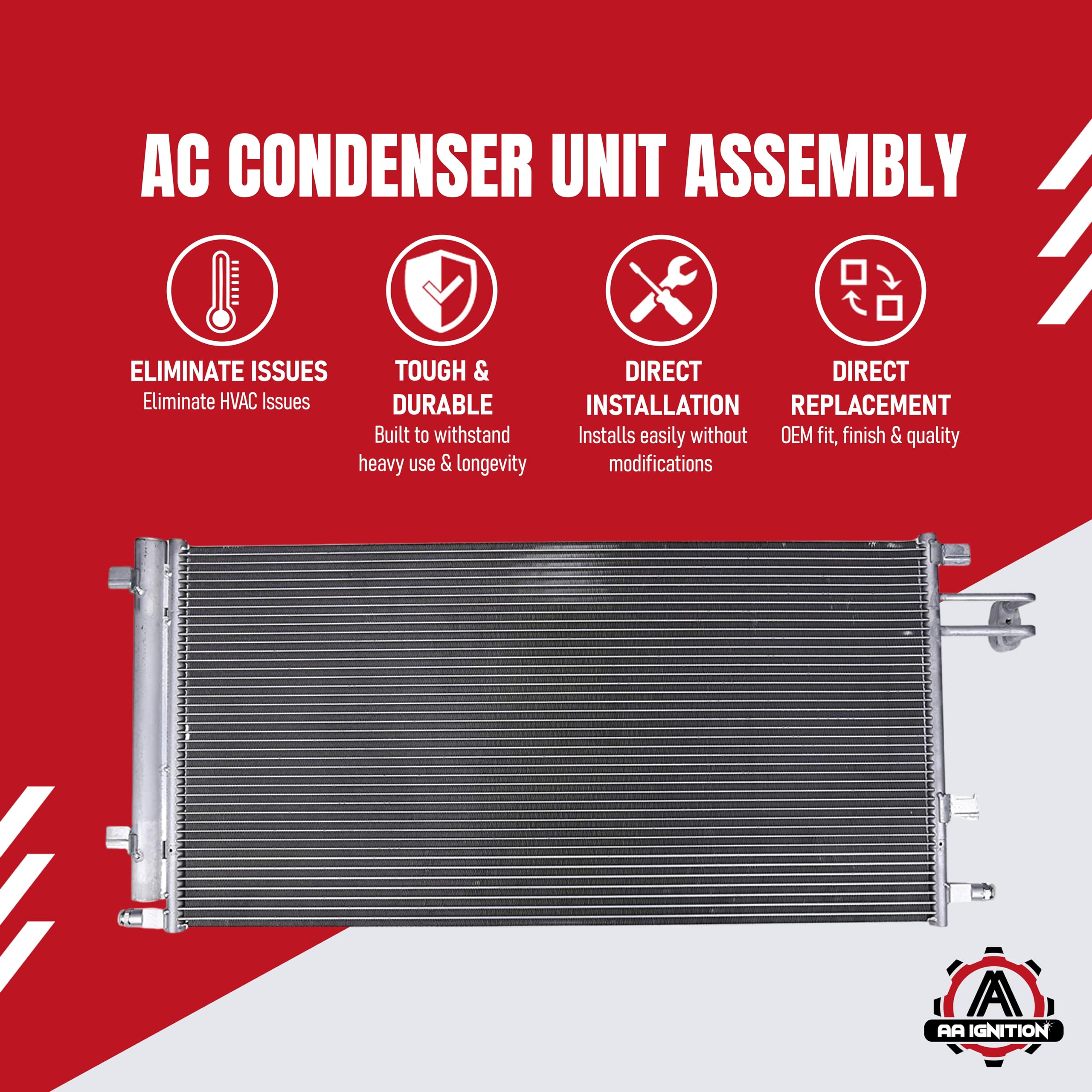AA Ignition A/C condenser engine bay view shows direct replacement fit.