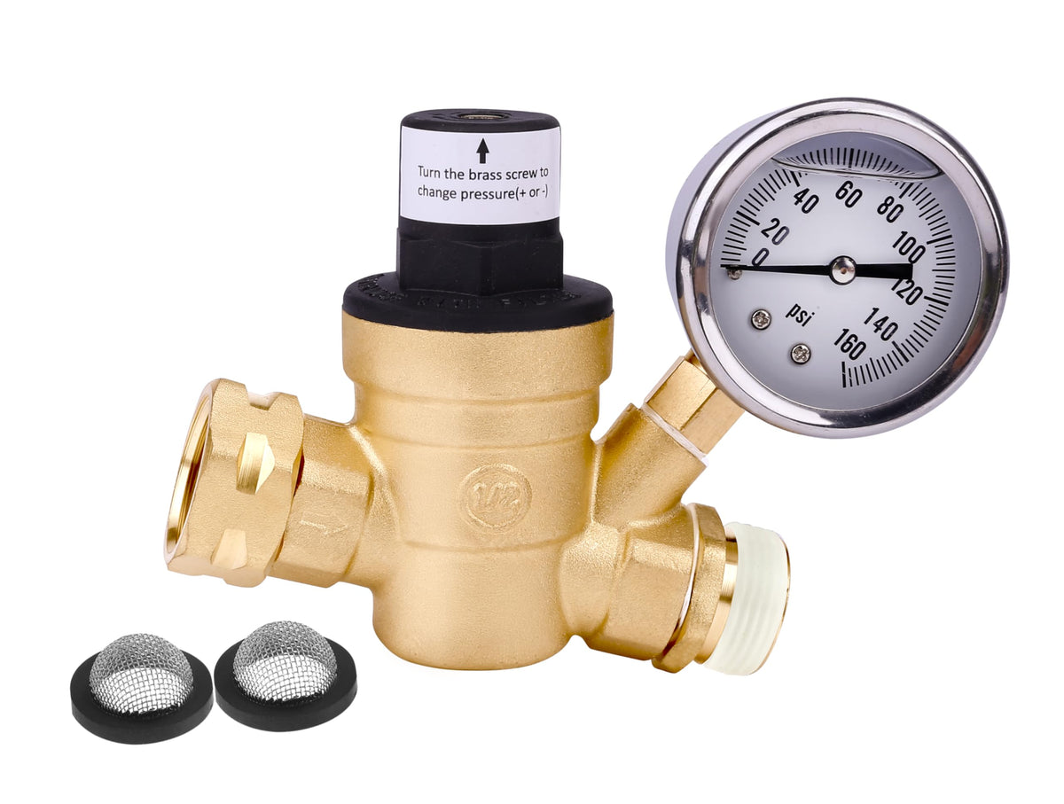AA Ignition RV regulator with gauge maintains steady water pressure for camping