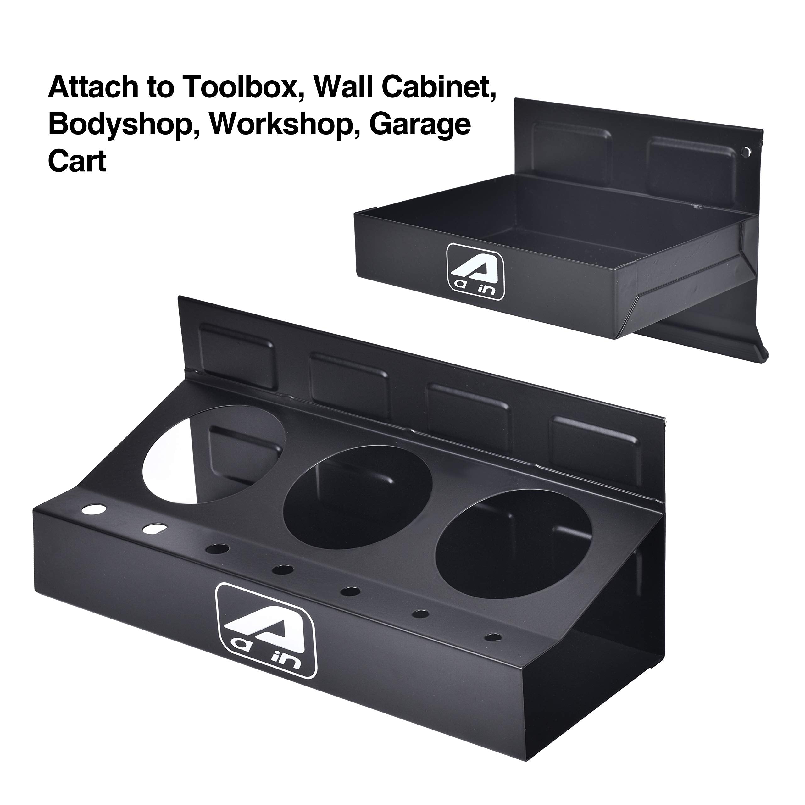 A A IN 3-can tray with screwdriver holes organizes spray cans and bits.