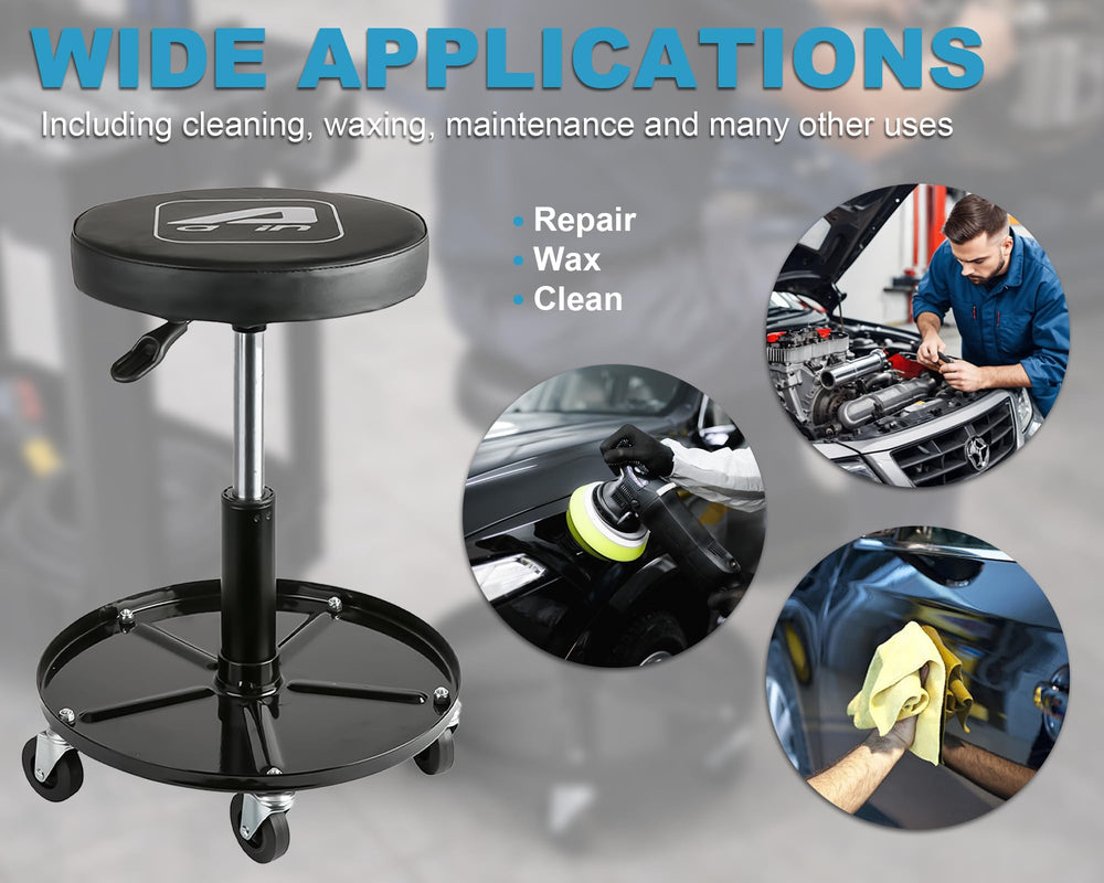 A A IN LT2A black rolling stool enhances garage organization.