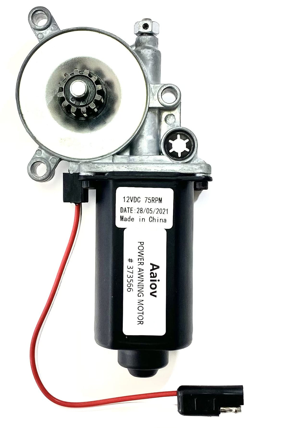 Aaiov 373566 RV awning motor front view with universal black connector for quick retraction.
