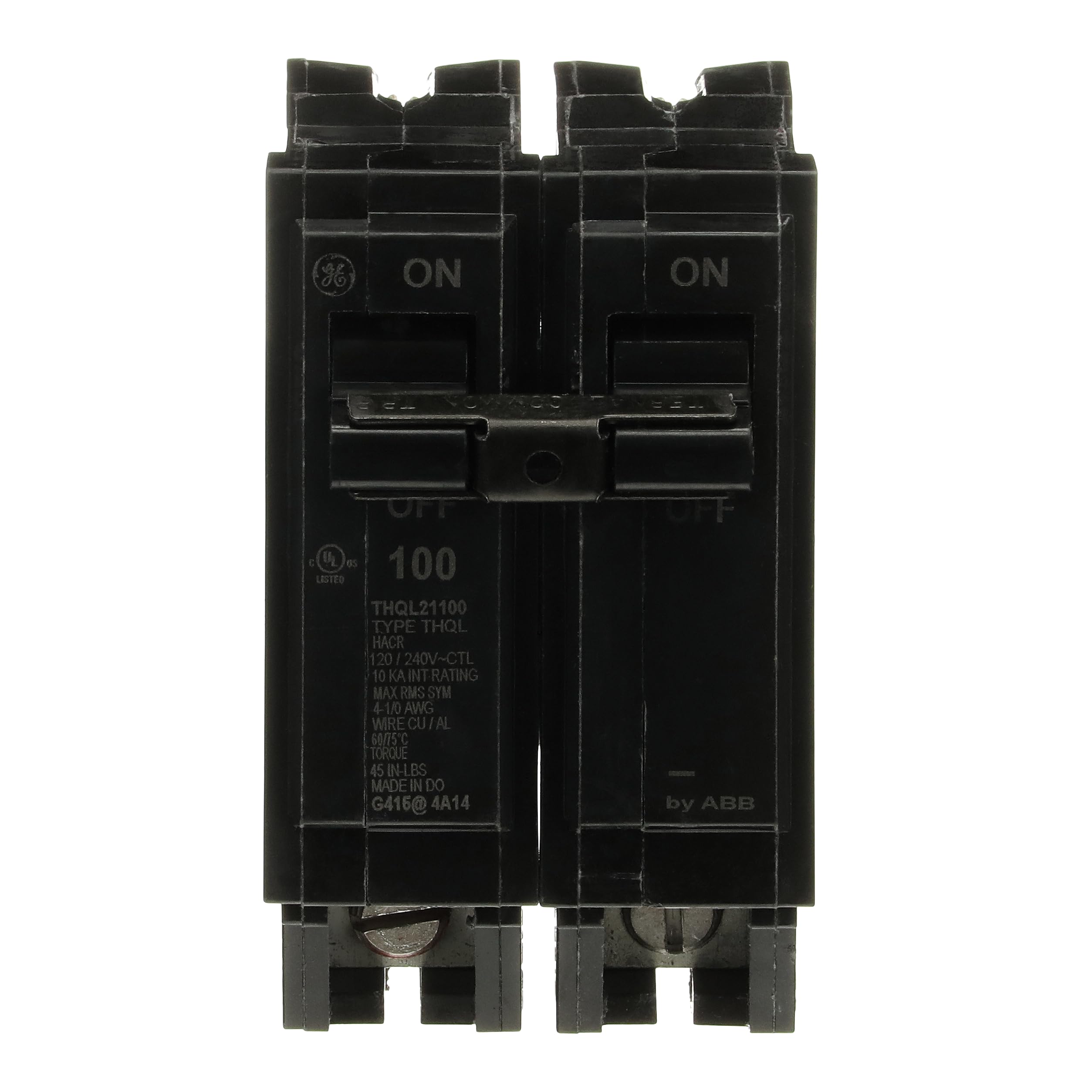 ABB Q-Line THQL21100P two-pole breaker front view, compact reliable protection