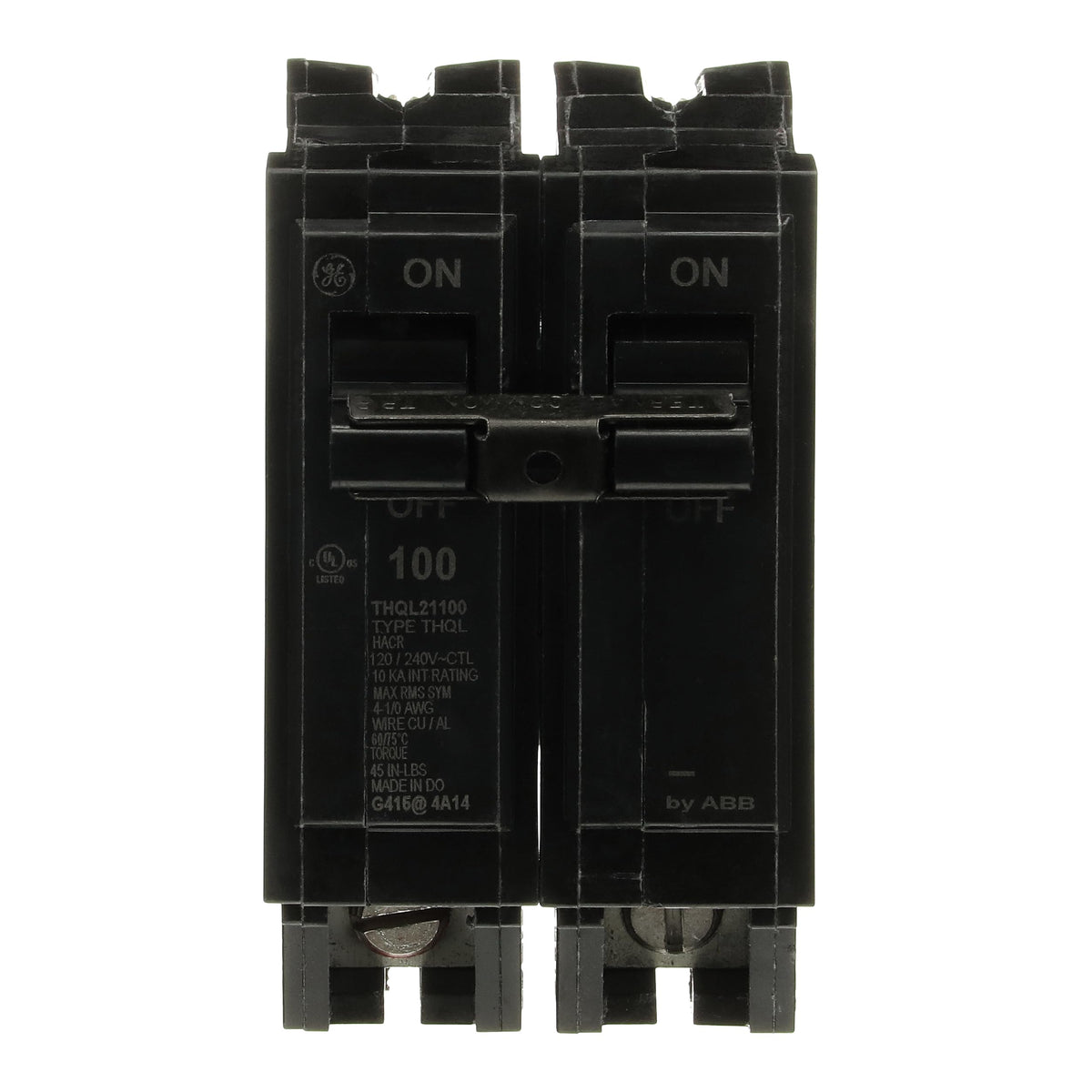 ABB Q-Line THQL21100P two-pole breaker front view, compact reliable protection