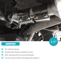 Muffler and catalytic converter connections stabilized by a single clamp