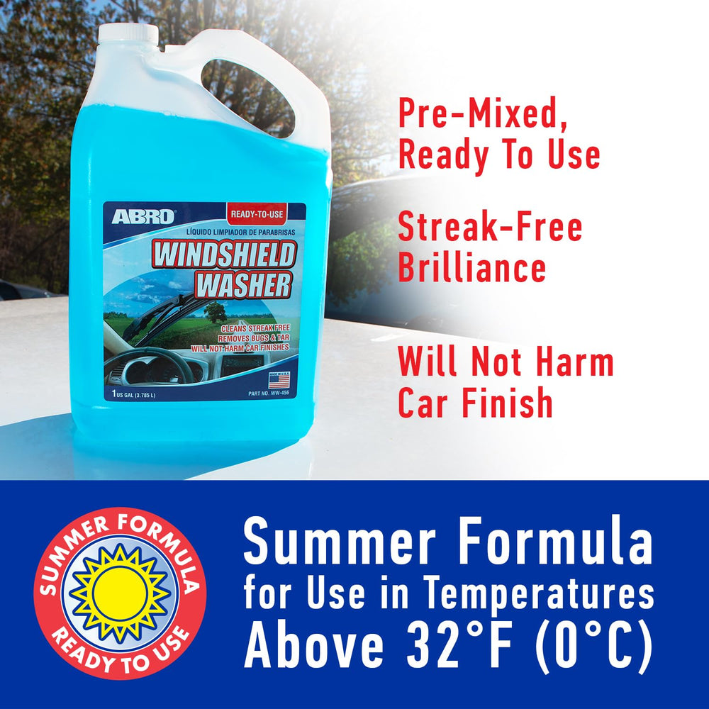 ABRO windshield fluid bottle pour demonstrates quick, even application.