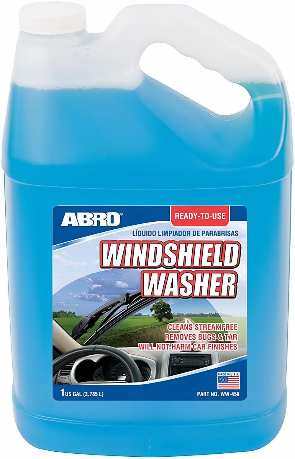 ABRO ready-to-use windshield fluid bottle close-up shows mess-free convenience.