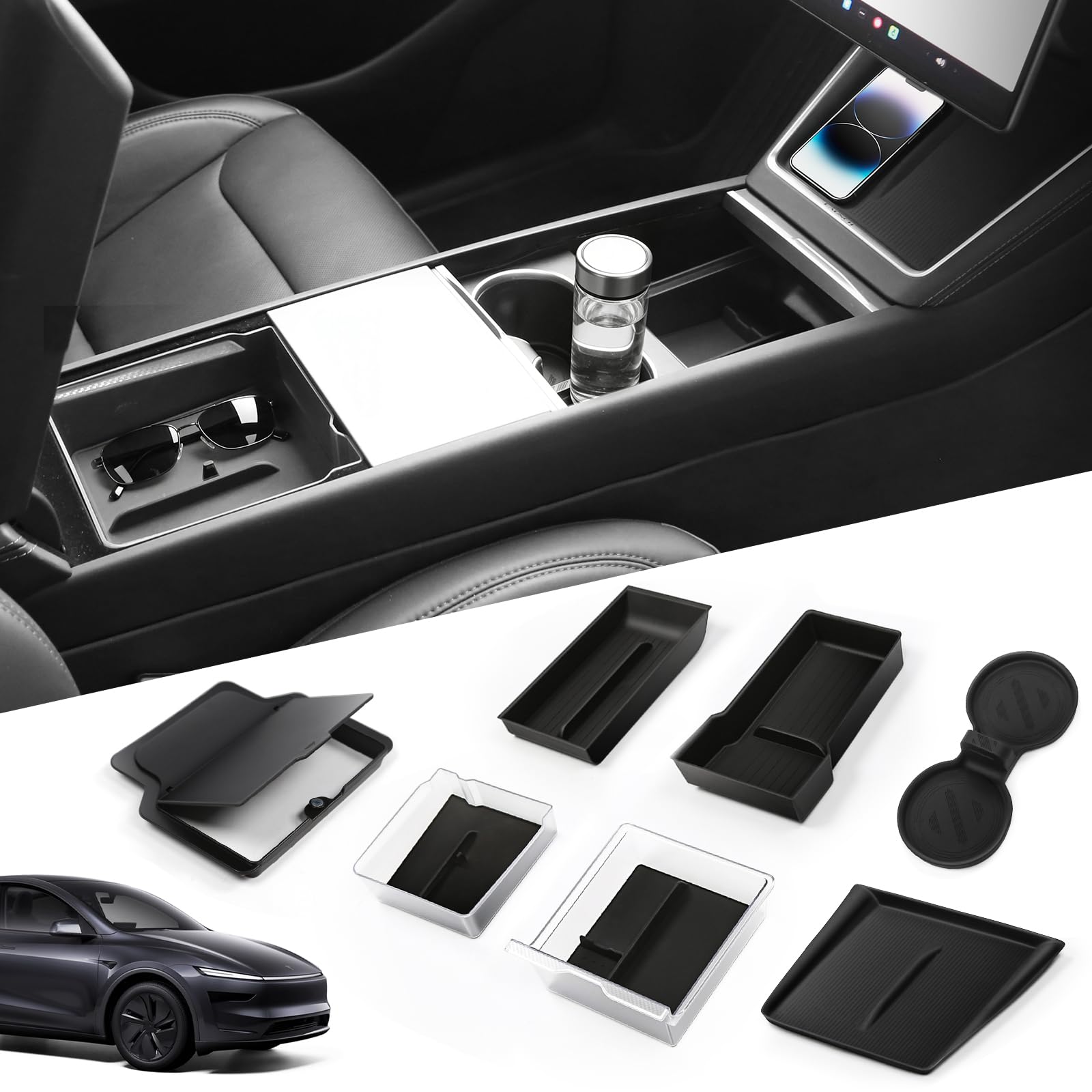 Abystar center console organizer in Model Y Juniper 2026 cabin, neat and accessible