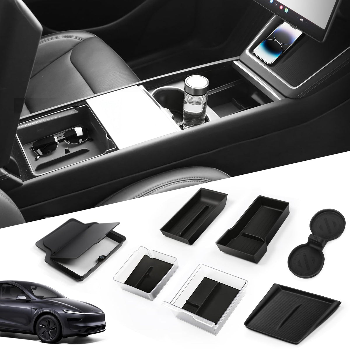 Abystar center console organizer in Model Y Juniper 2026 cabin, neat and accessible
