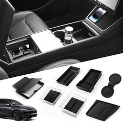 Abystar center console organizer in Model Y Juniper 2026 cabin, neat and accessible