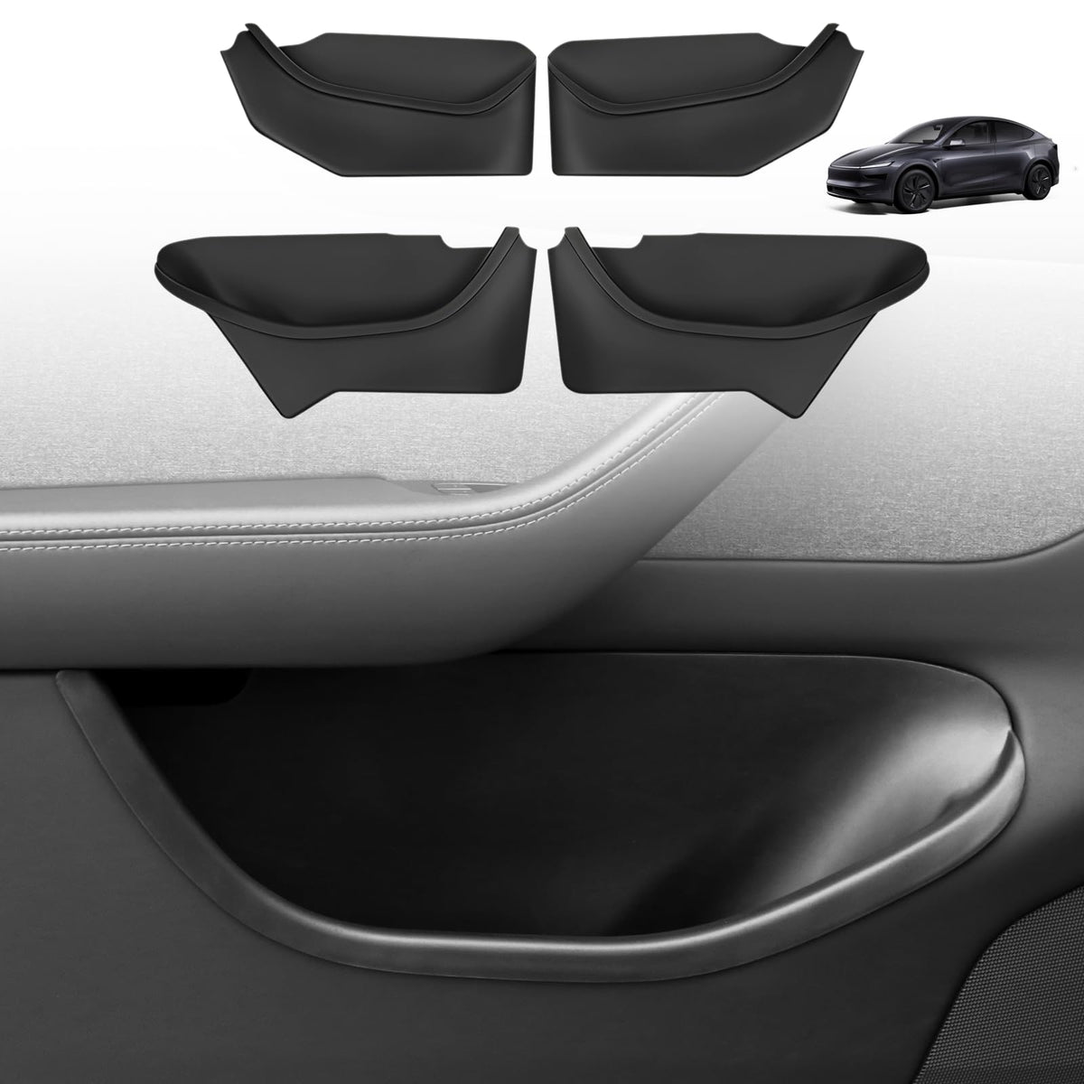 Abystar door-pocket organizer front-left view for Model Y Juniper 2026, precise fit reduces clutter