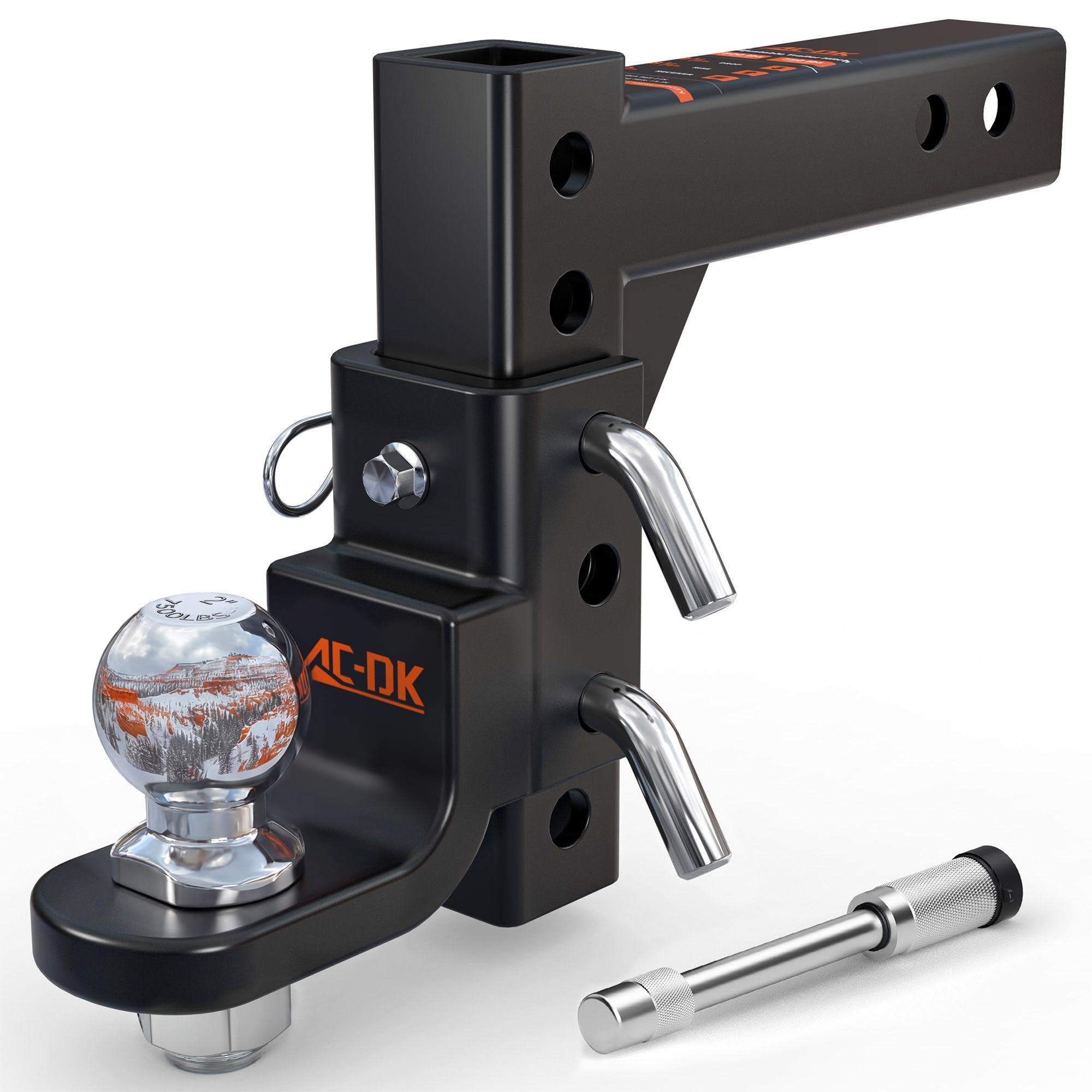 AC-DK adjustable trailer hitch fits 2-inch receiver for versatile towing options.