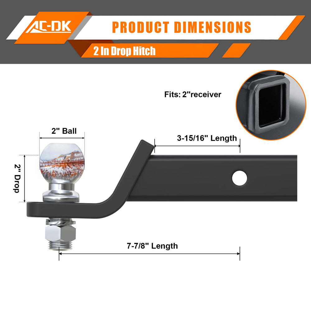 AC-DK chrome 2in trailer ball for secure towing and corrosion resistance.