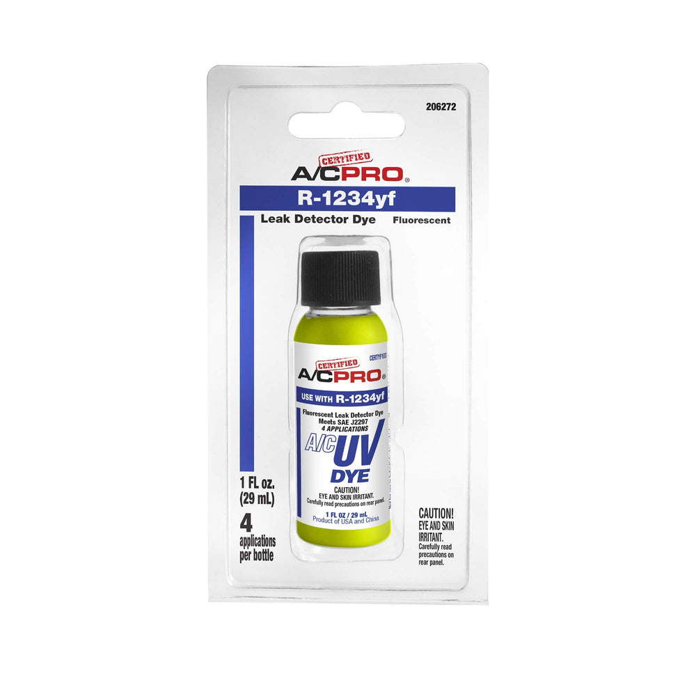 A/C Pro leak detection dye glows under UV light to reveal leaks in an R-1234YF A/C system