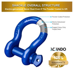 Acando blue powder-coated bow shackle offers rugged durability for off-road needs.