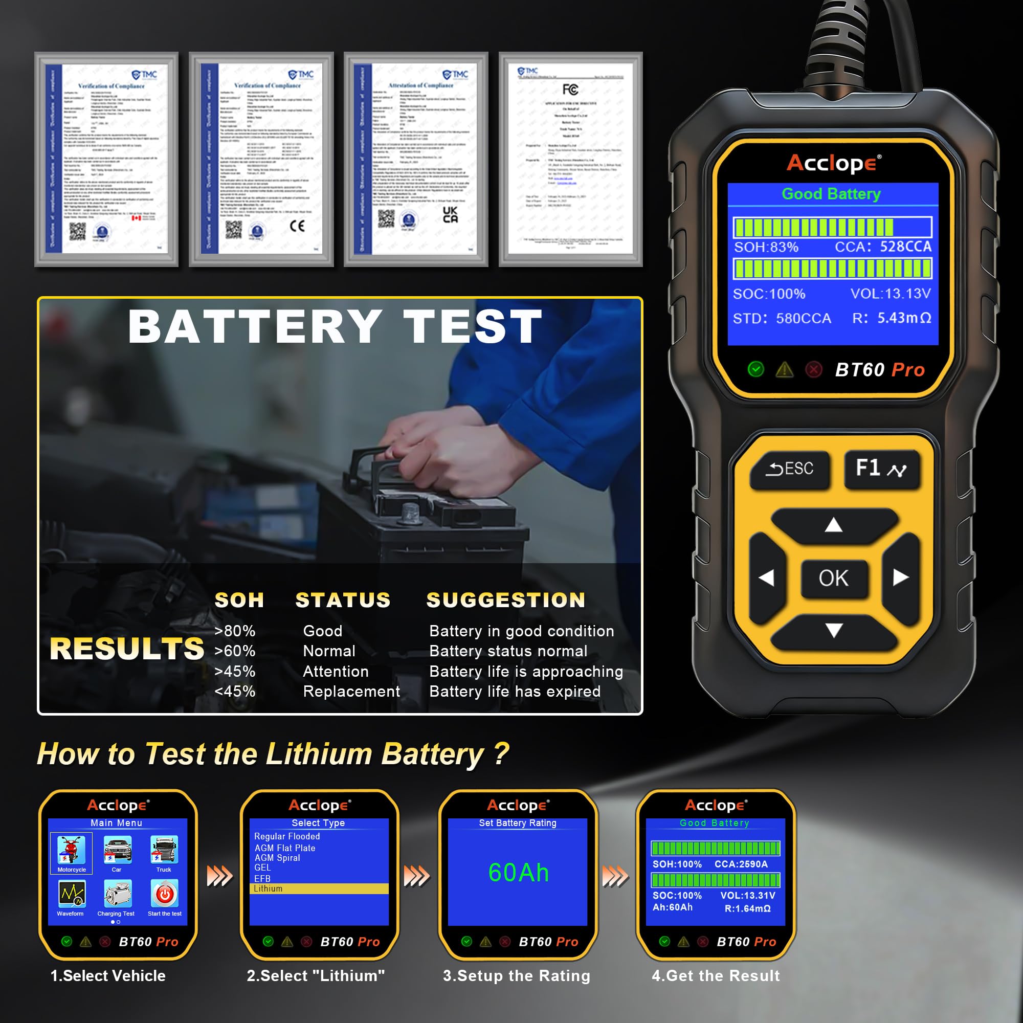 Acclope BT60 PRO supports 6V 12V 24V batteries for versatile testing