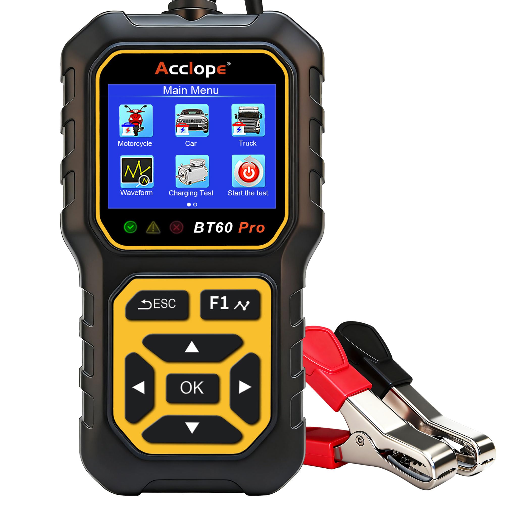 Acclope BT60 PRO battery tester front view shows compact rugged design for diagnostics