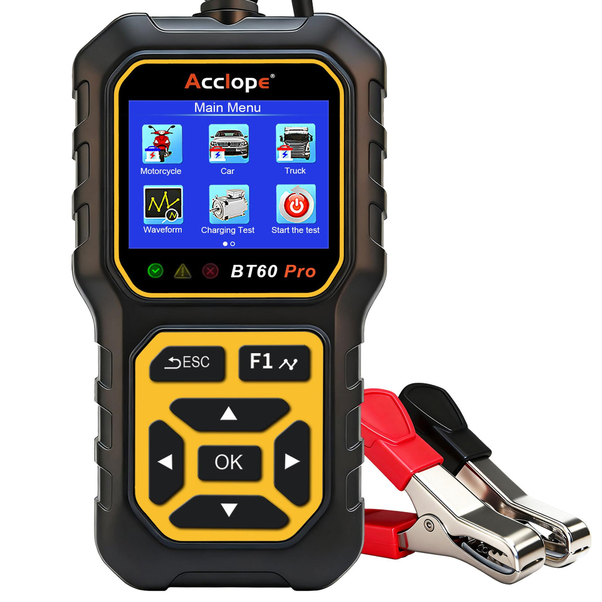 Acclope BT60 PRO battery tester front view shows compact rugged design for diagnostics
