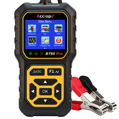 Acclope BT60 PRO battery tester front view shows compact rugged design for diagnostics