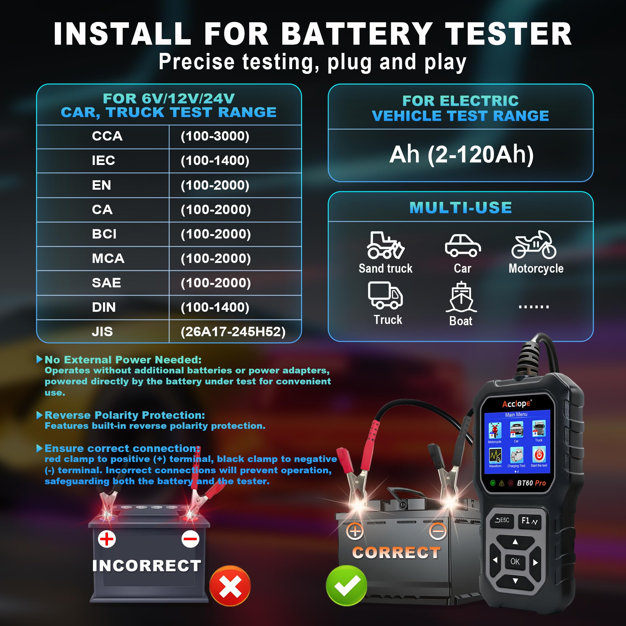 Acclope BT60 PRO supports diverse battery types for motorcycles, cars, fleets
