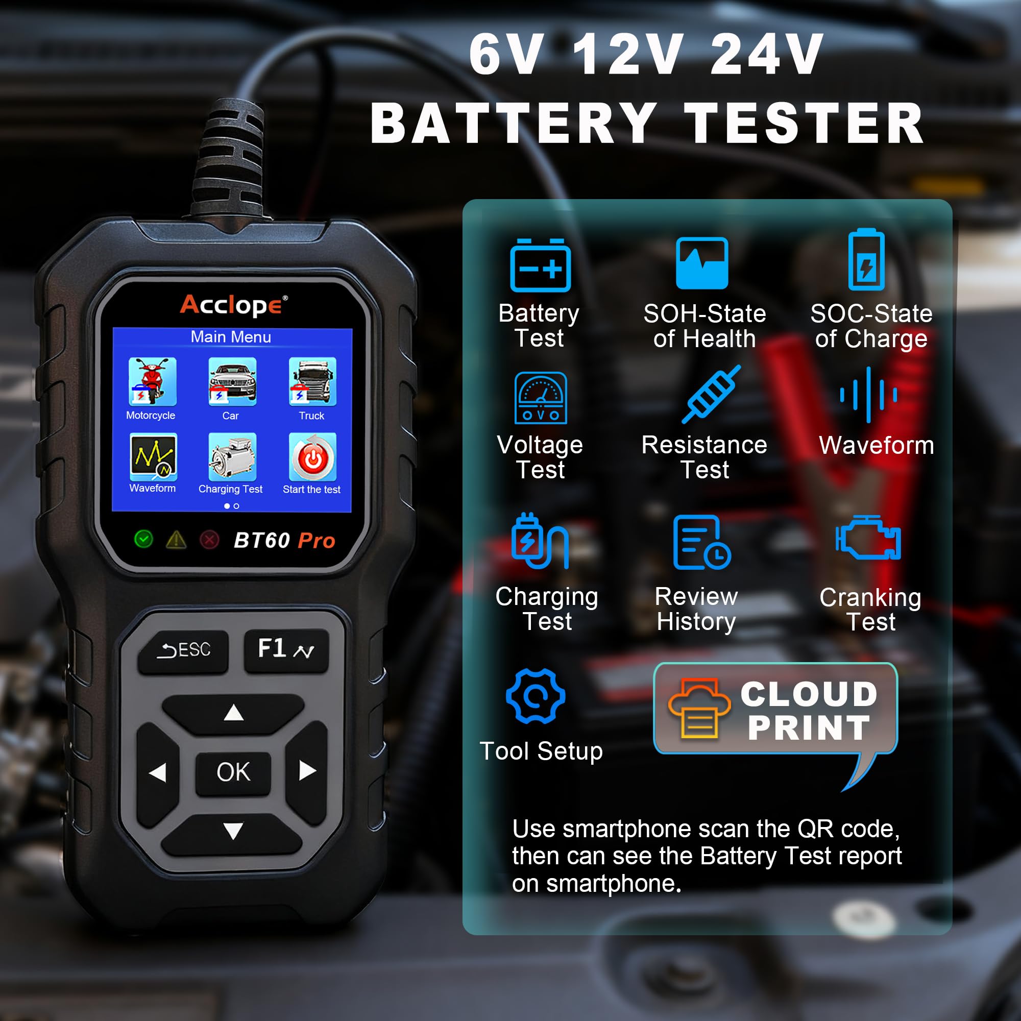 Acclope BT60 PRO display and controls for rapid battery health readings
