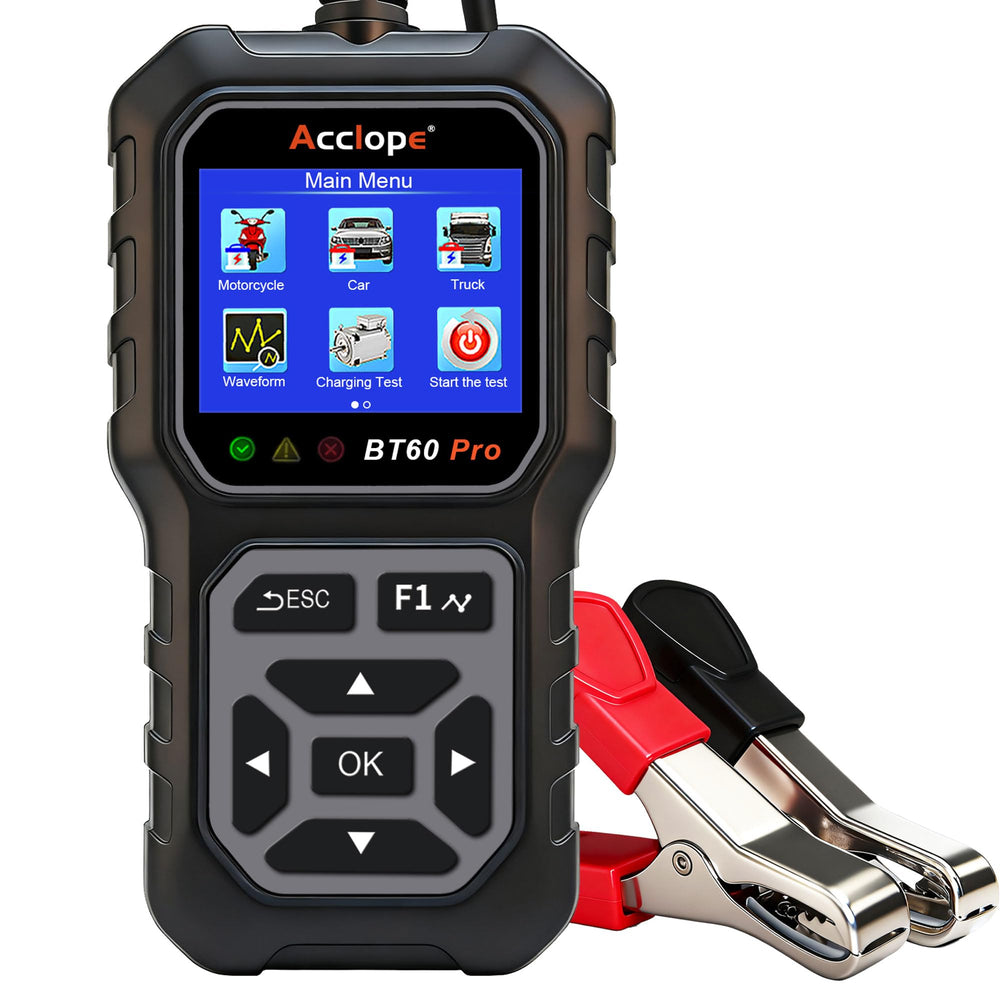 Acclope BT60 PRO front view, compact yellow tester for quick garage identification