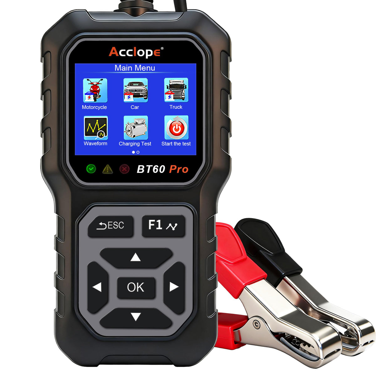 Acclope BT60 PRO front view, compact yellow tester for quick garage identification