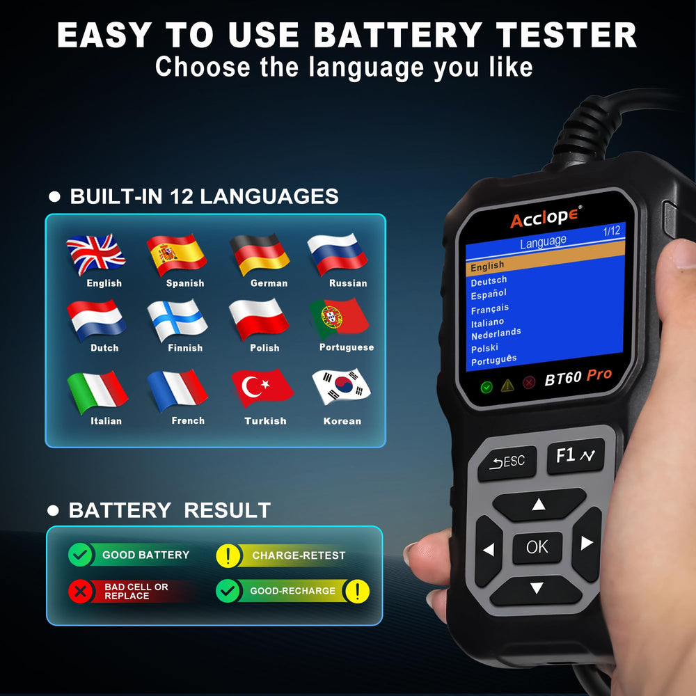 Acclope BT60 PRO in use on a battery during diagnostics