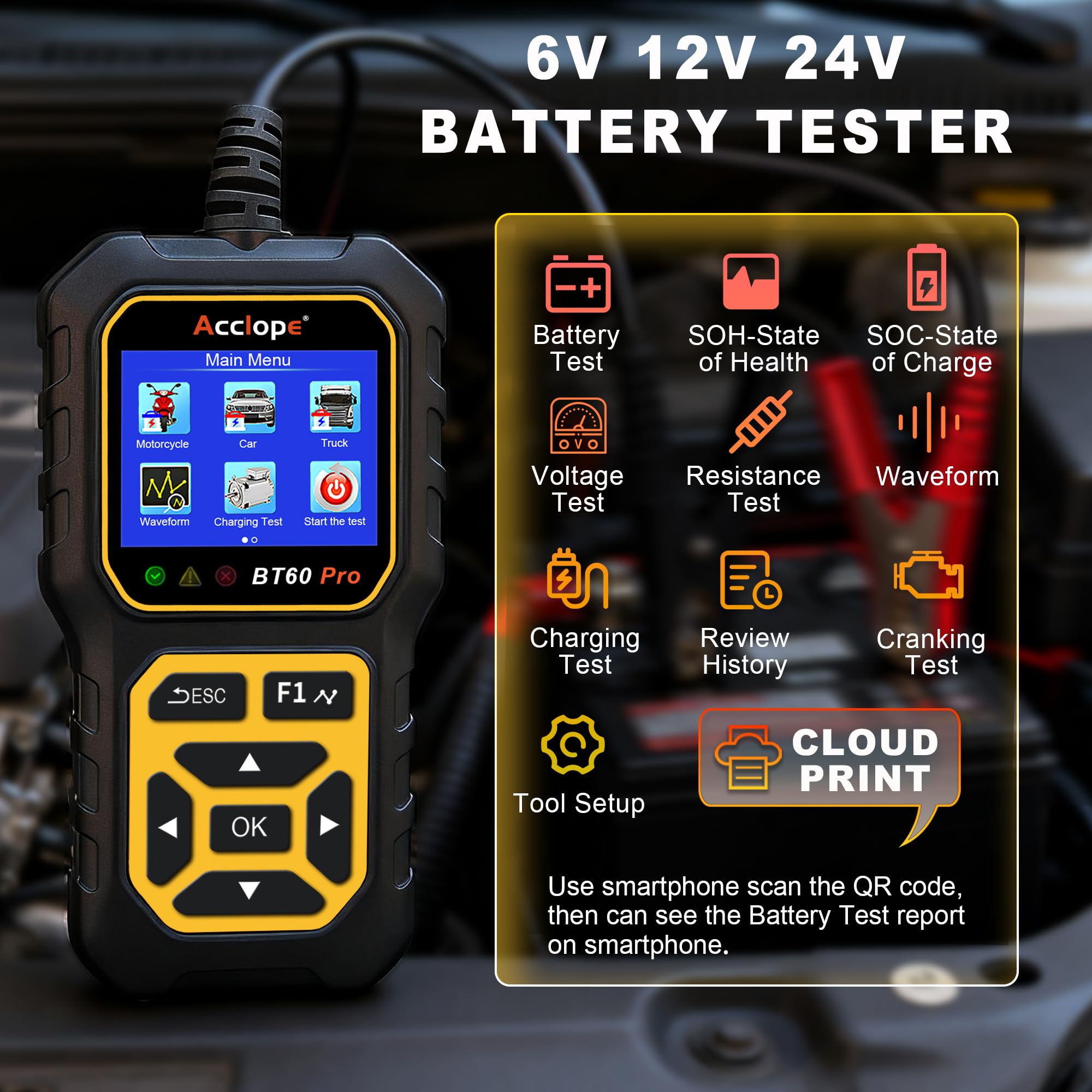 Acclope BT60 PRO screen display highlights health and charge status
