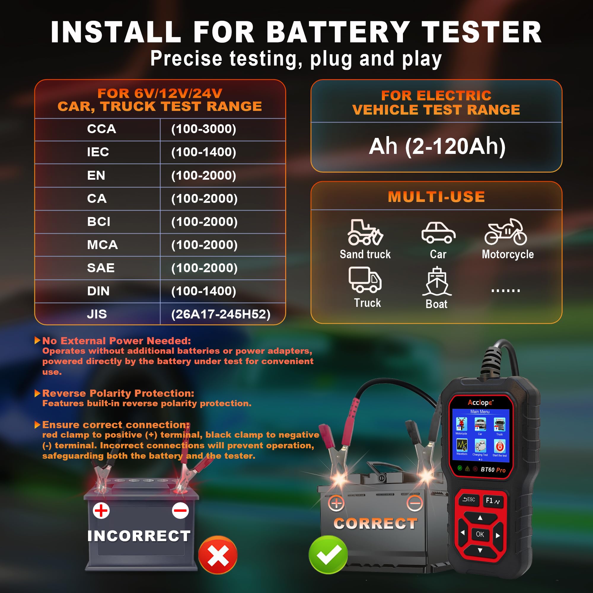 Acclope BT60 PRO waveform analysis reveals charging and cranking patterns.