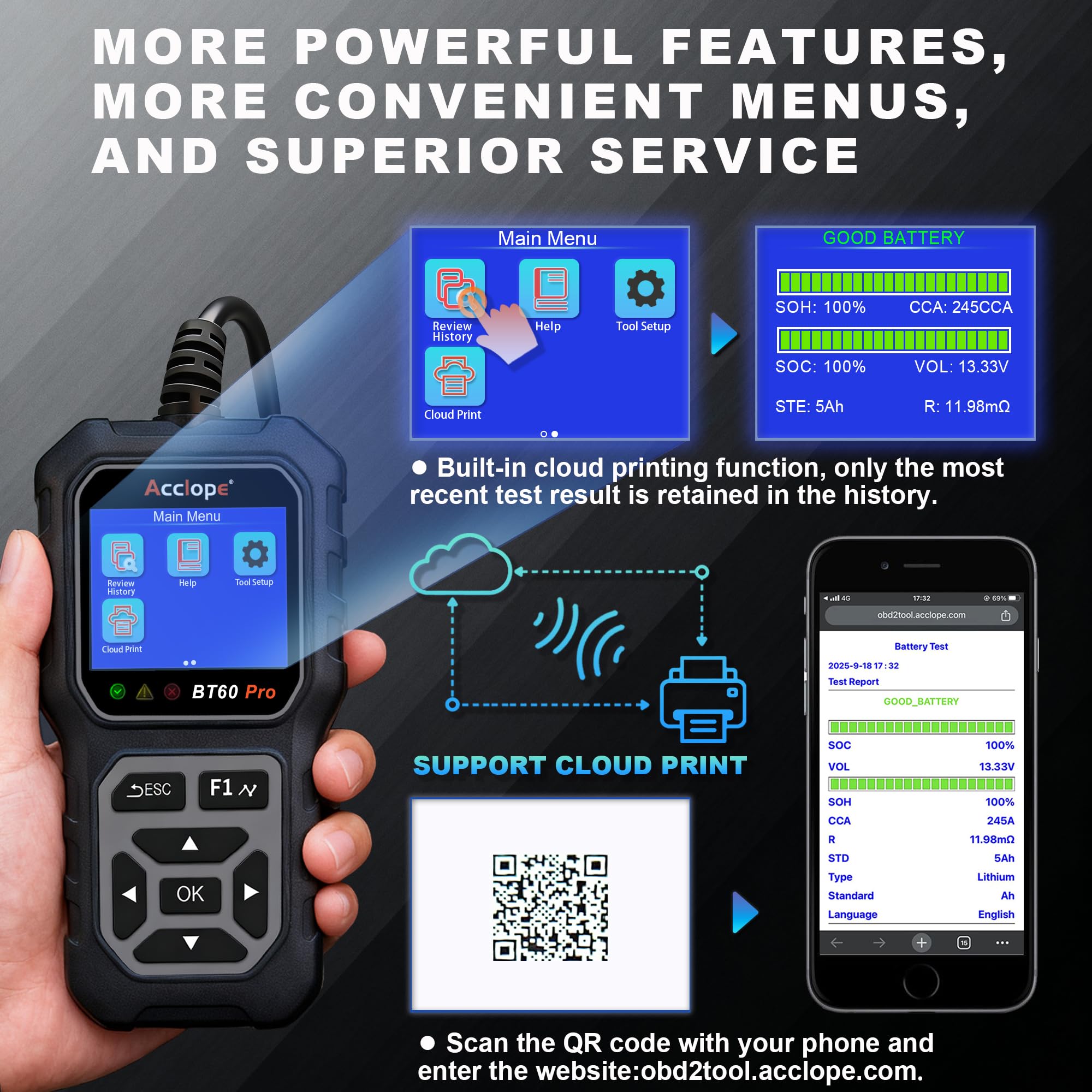 Acclope BT60 PRO real-time waveform cranking analysis
