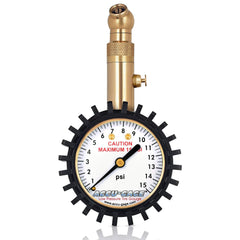 Accu-Gage tire gauge with protective rubber guard for safe handling and precise low-pressure readings.