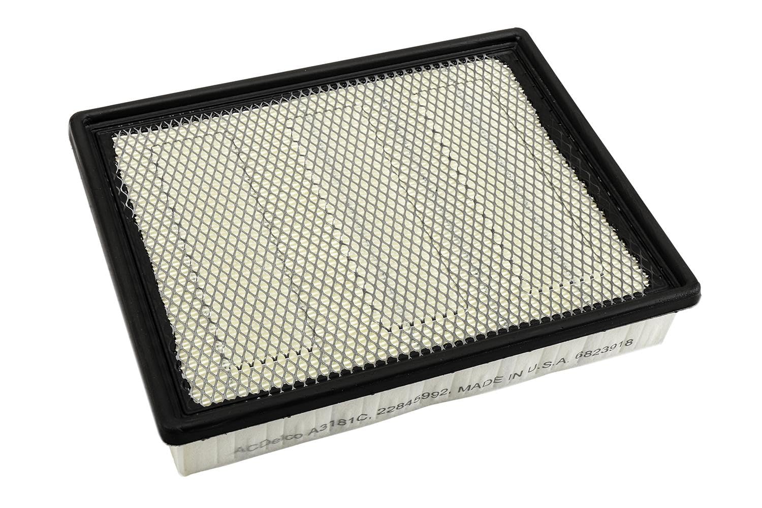 ACDelco air filter close-up showing media and efficiency design for engine protection.