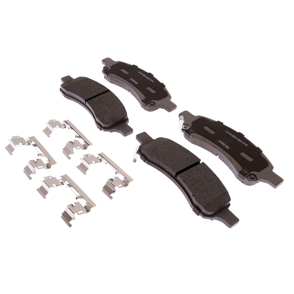 ACDelco Silver ceramic front brake pad set with clips for quiet braking and low dust