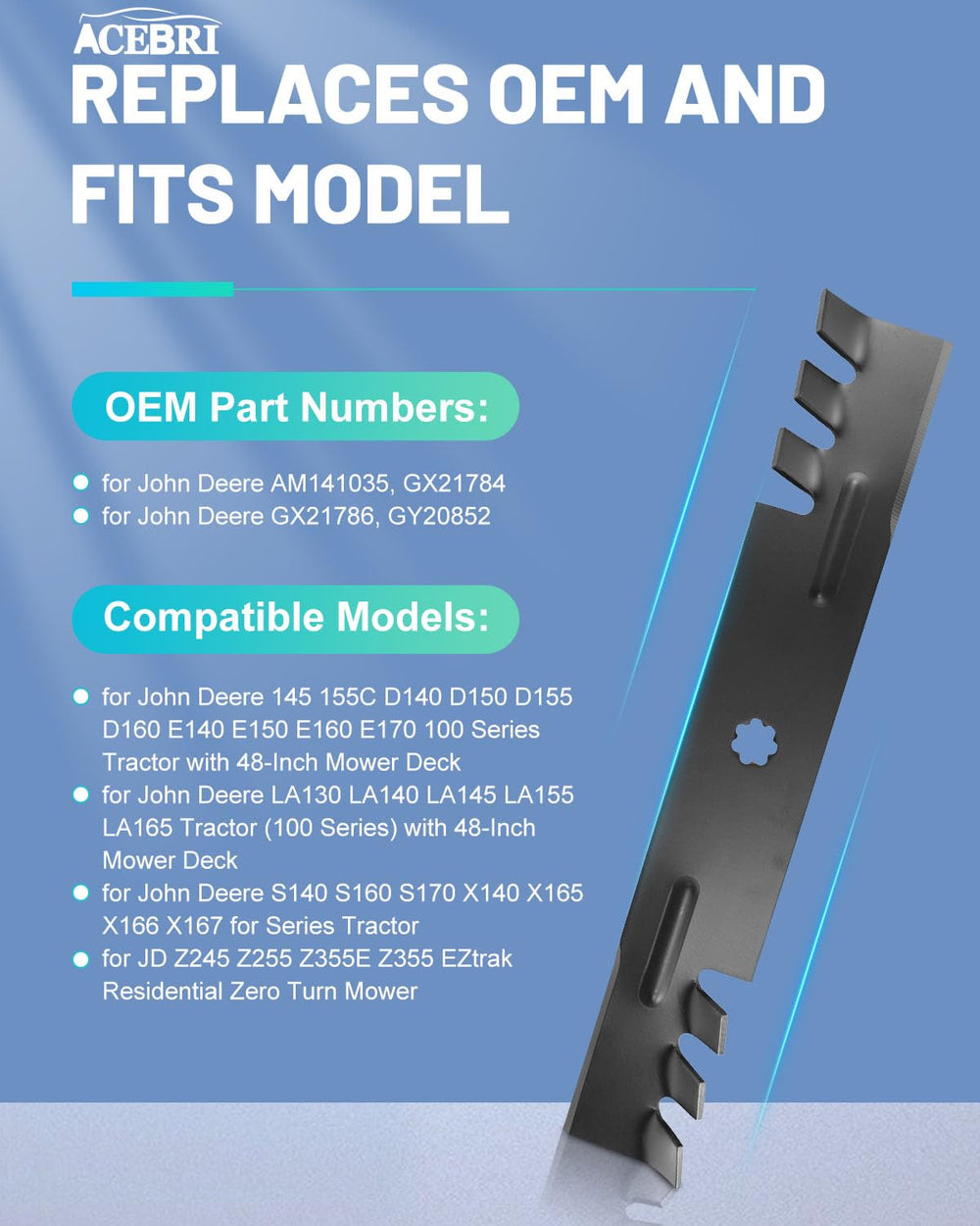 ACEBRI 48-inch blade with 7-point center hole for balanced performance
