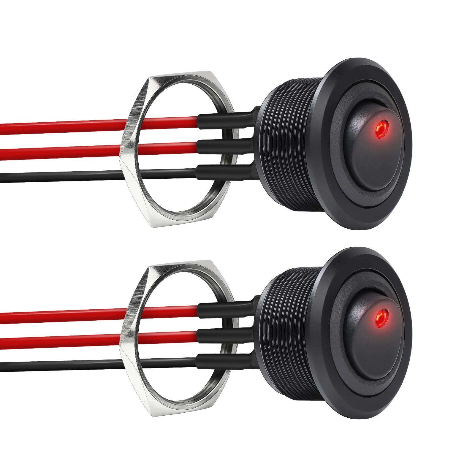 Acegoo 12V aluminum round rocker switch with red LED indicator for clear on/off status.