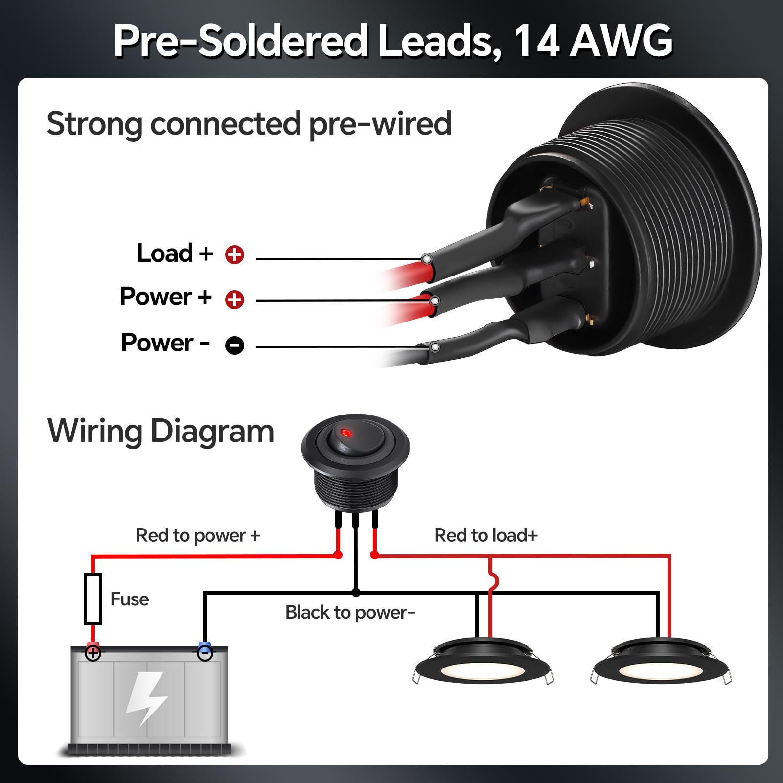 Acegoo 20A rated switch handles up to 240W total power at 12V DC.