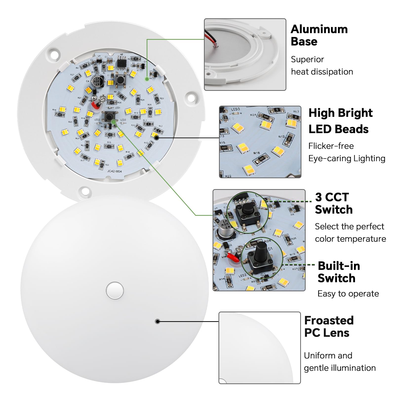 Acegoo RV 3CCT LED dome light easy install with concealed screws behind lens.