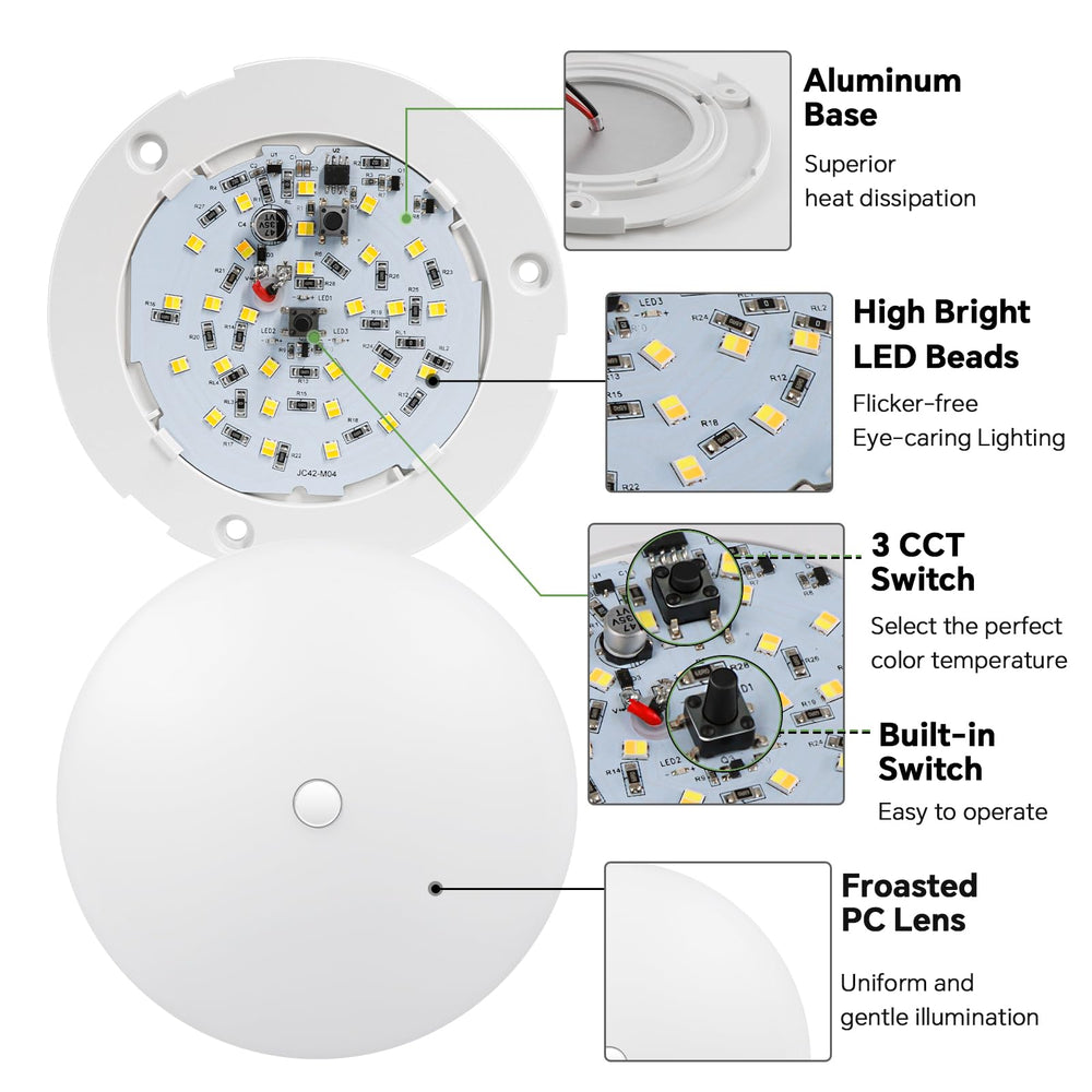 Acegoo RV 3CCT LED dome light easy install with concealed screws behind lens.