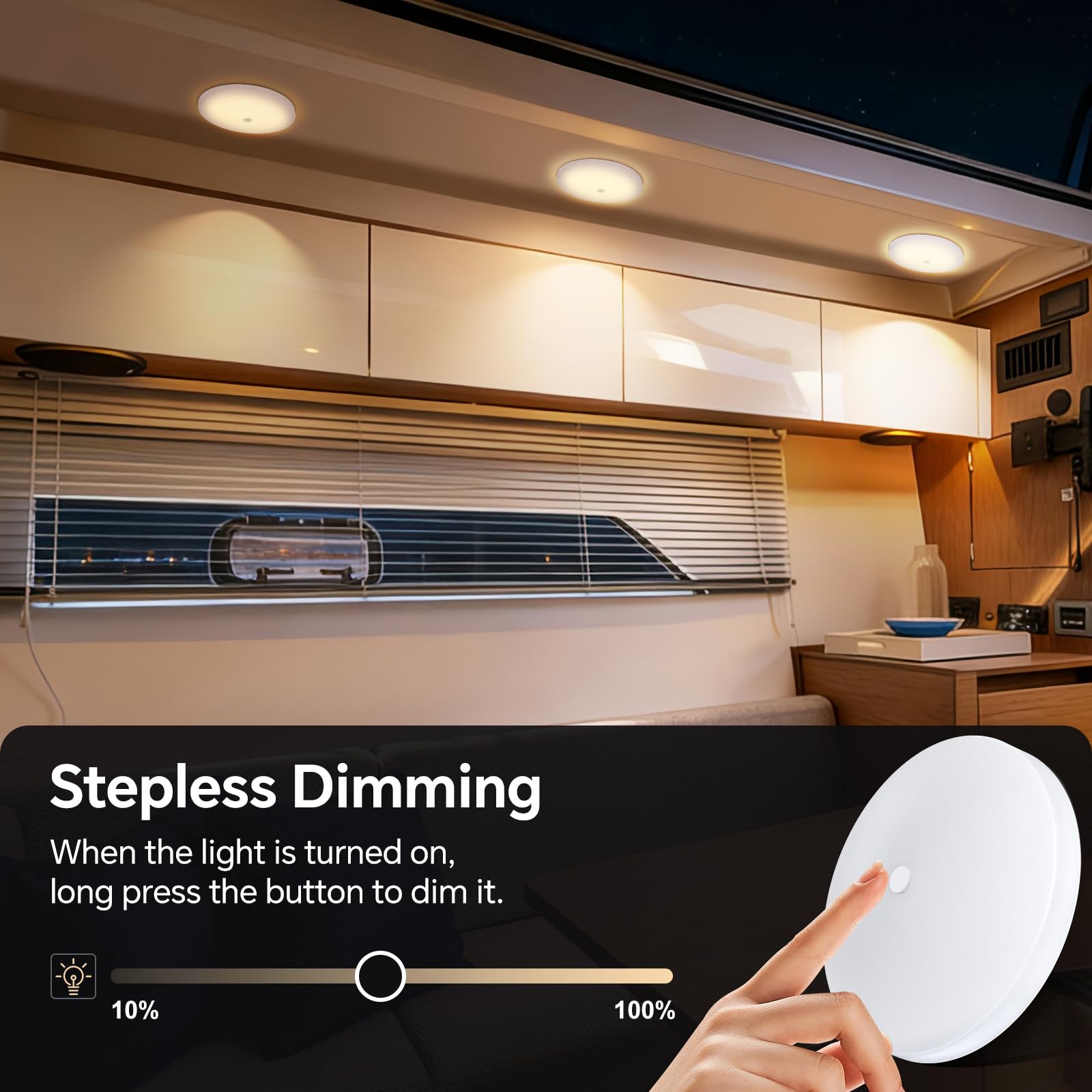 acegoo dimmable RV puck light for interior brightness control.